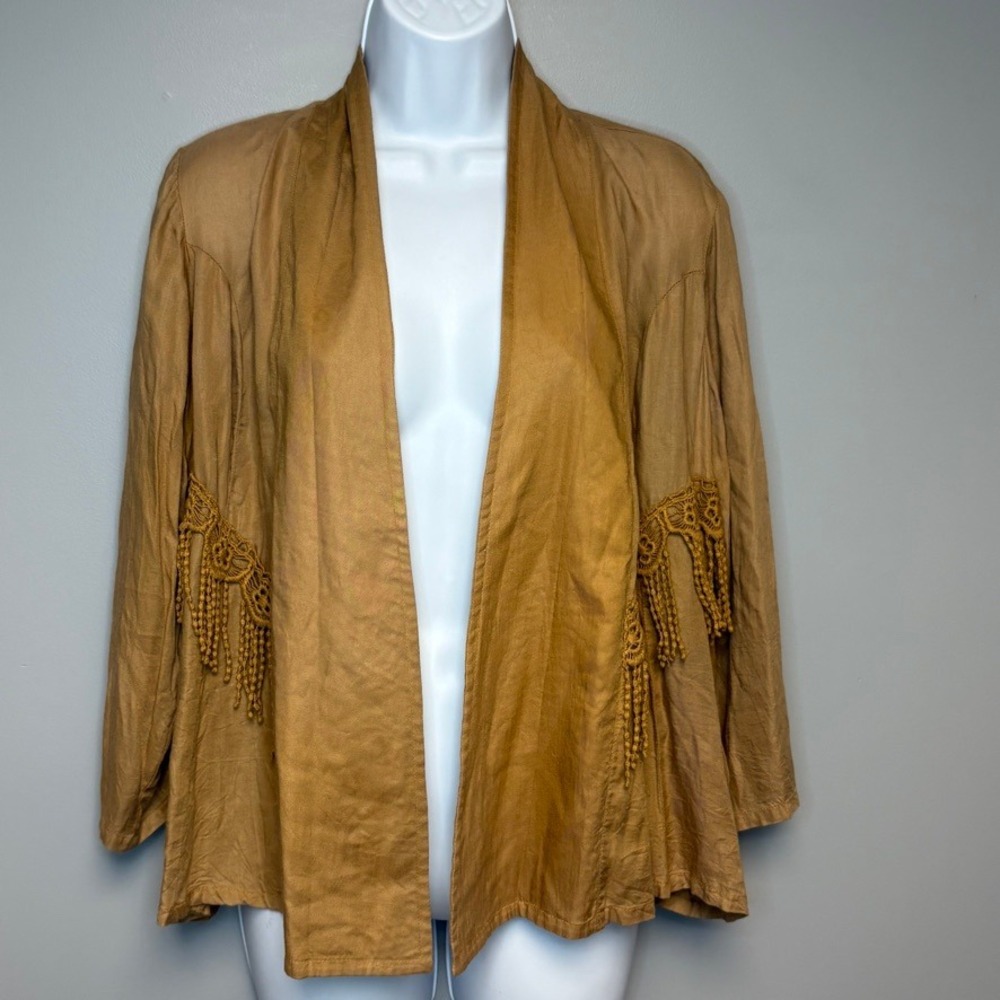 RVCA Tan Western Cowgirl Lace Fringe Lightweight Open Front Top Sz‎ M